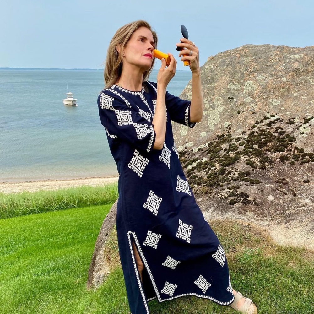 Tory Burch Navy Embroidered Cotton Caftan- size Small